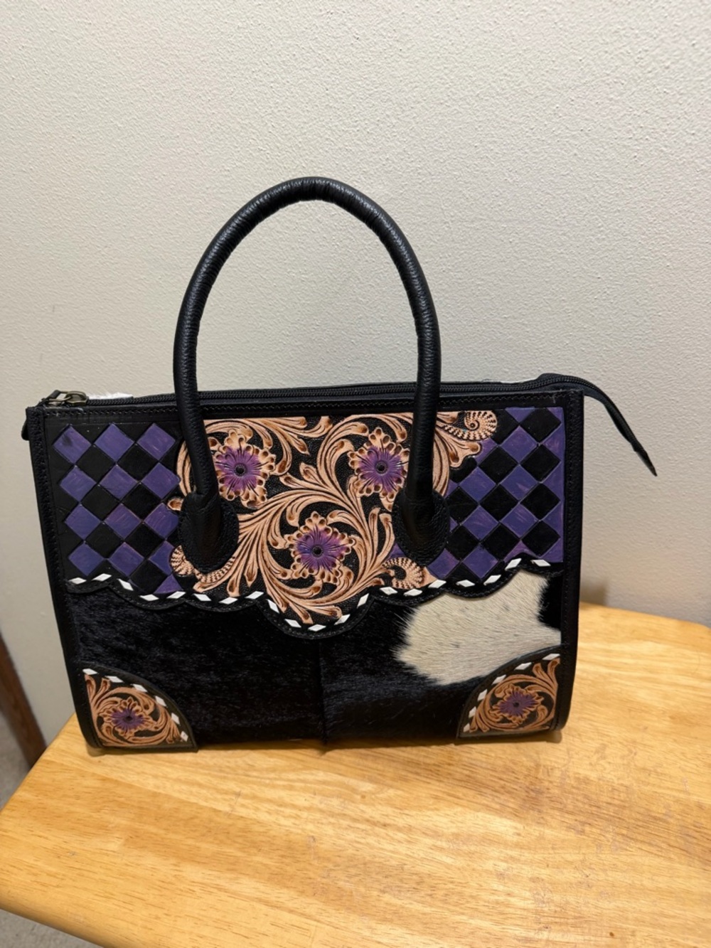 Black and Purple Floral Accent Tote Bag